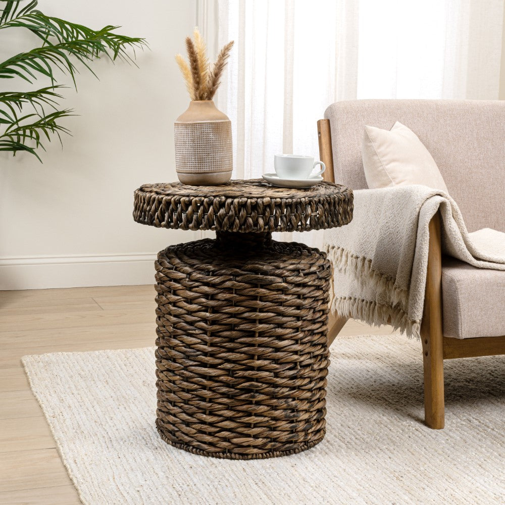 Virello 19.65" Coastal Bohemian Handwoven Water Hyacinth Round Accent Side Table