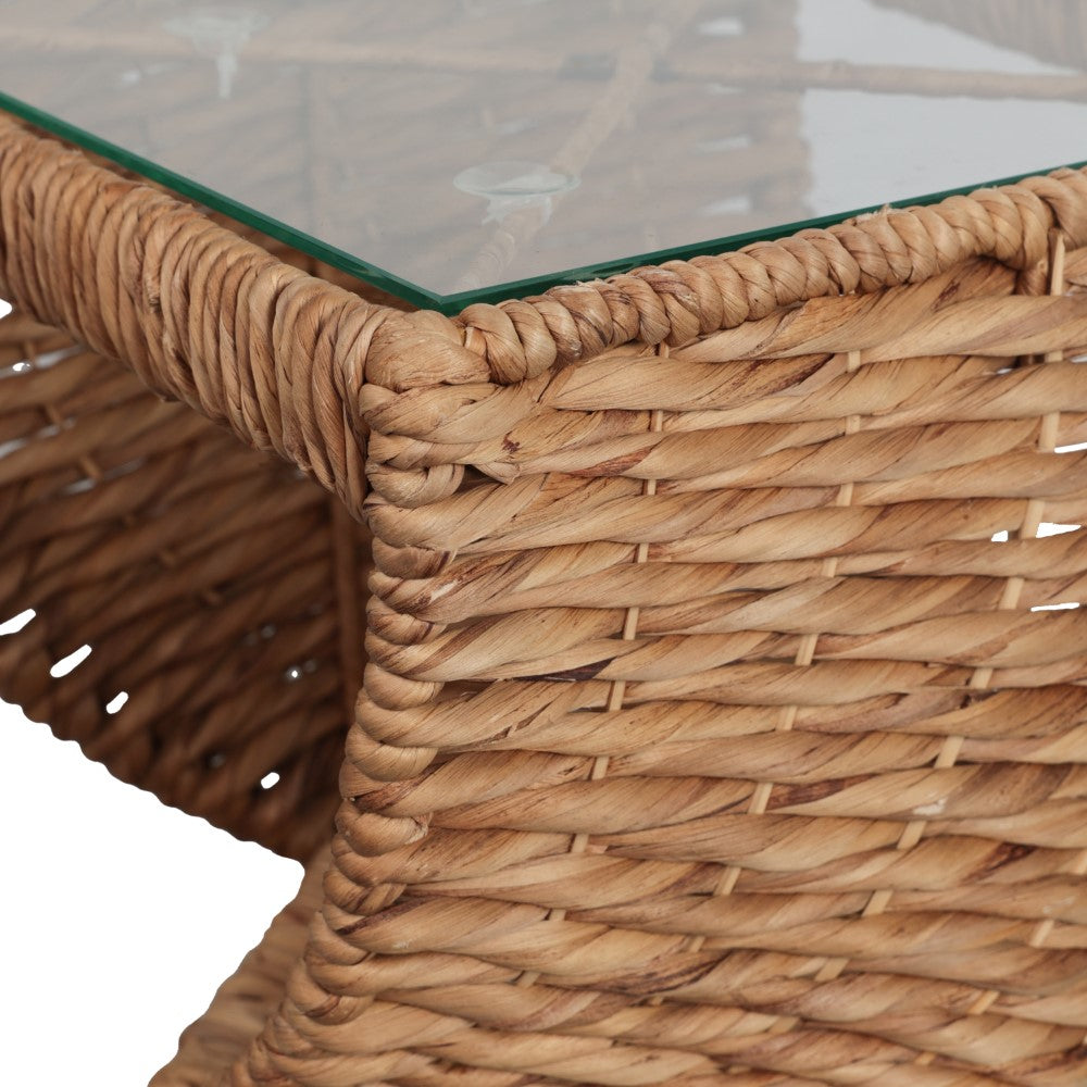 Luma 14" Coastal Bohemian Handwoven Water Hyacinth Sculptural Twisted End Table with Glass Top and Storage Shelf