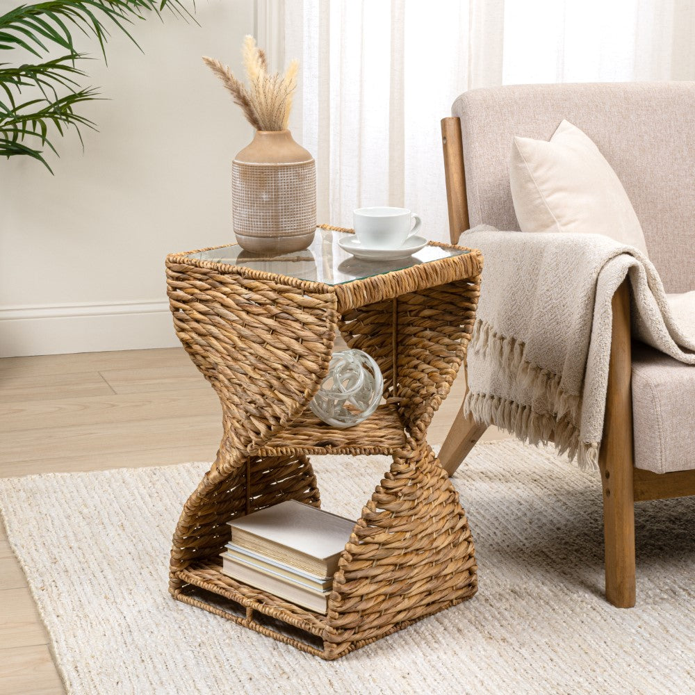Luma 14" Coastal Bohemian Handwoven Water Hyacinth Sculptural Twisted End Table with Glass Top and Storage Shelf