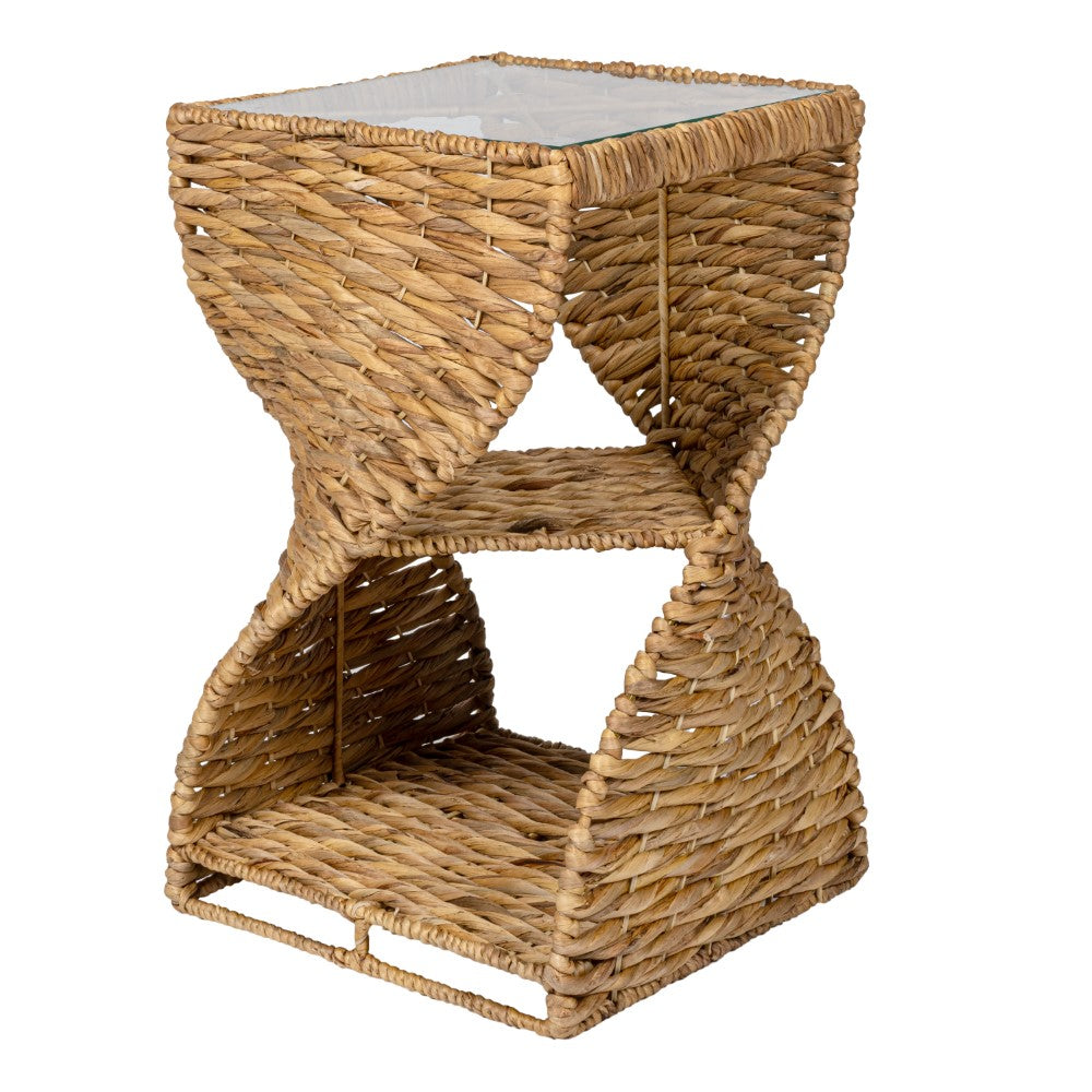 Luma 14" Coastal Bohemian Handwoven Water Hyacinth Sculptural Twisted End Table with Glass Top and Storage Shelf