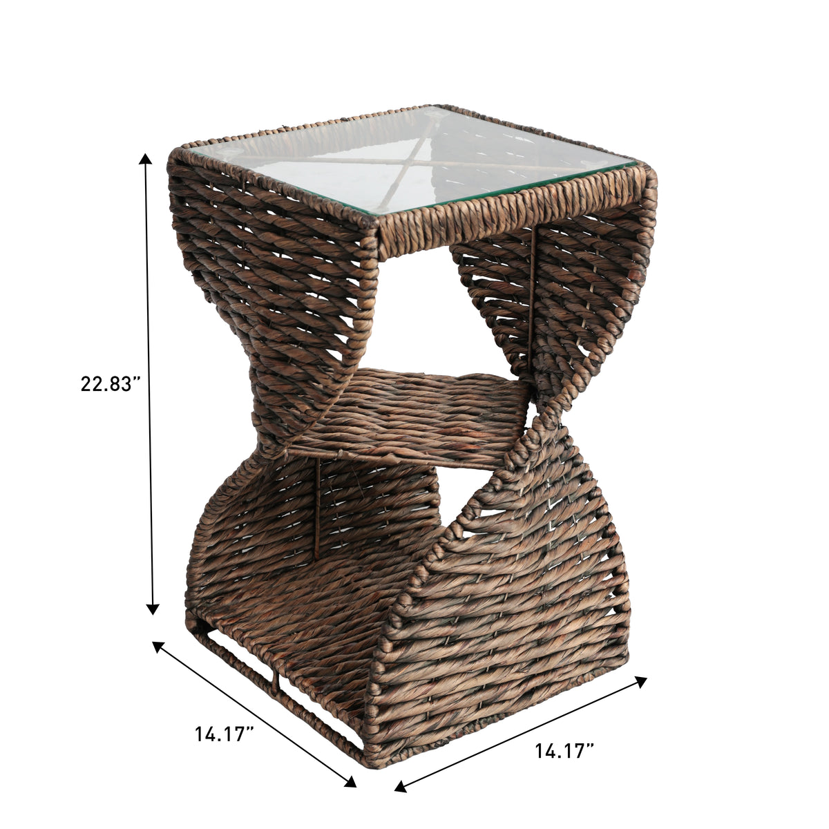Luma 14" Coastal Bohemian Handwoven Water Hyacinth Sculptural Twisted End Table with Glass Top and Storage Shelf