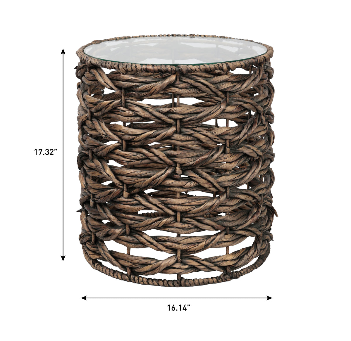 Niro 16" Bohemian Coastal Handwoven Water Hyacinth Open Weave Round End Table with Glass Top