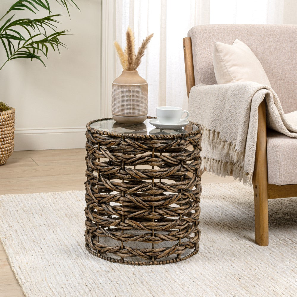 Niro 16" Bohemian Coastal Handwoven Water Hyacinth Open Weave Round End Table with Glass Top
