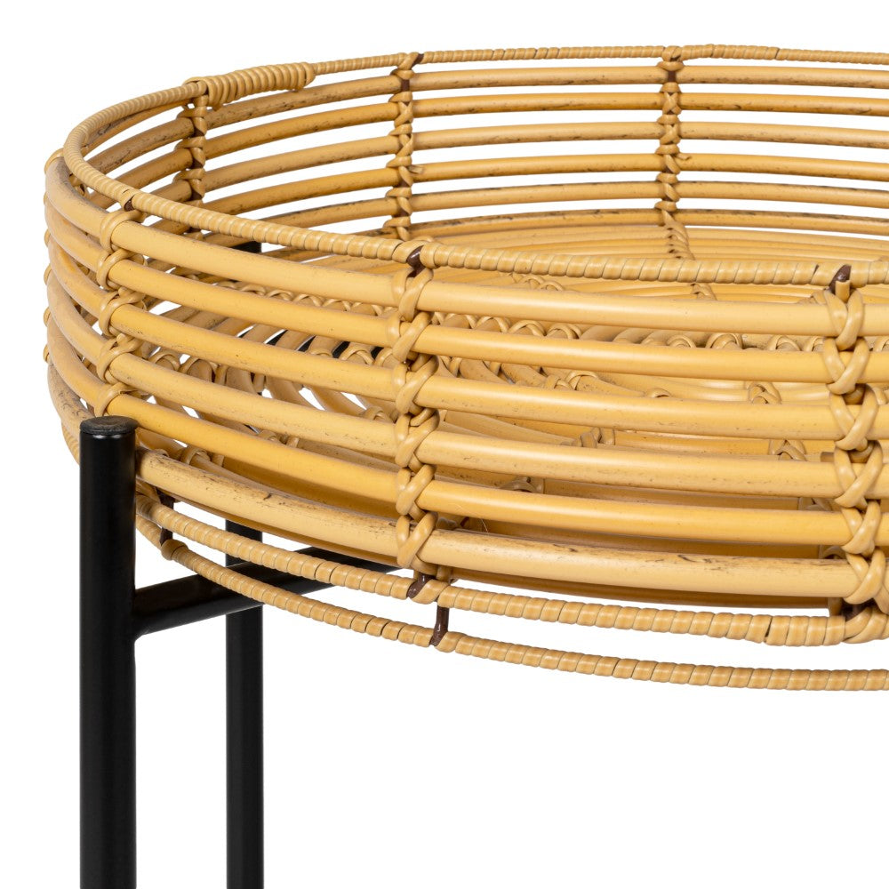 Zelo 20" Coastal Bohemian Faux Rattan Round Tray End Table with Metal Base