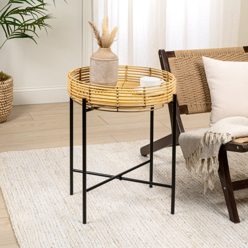 Zelo 20" Coastal Bohemian Faux Rattan Round Tray End Table with Metal Base