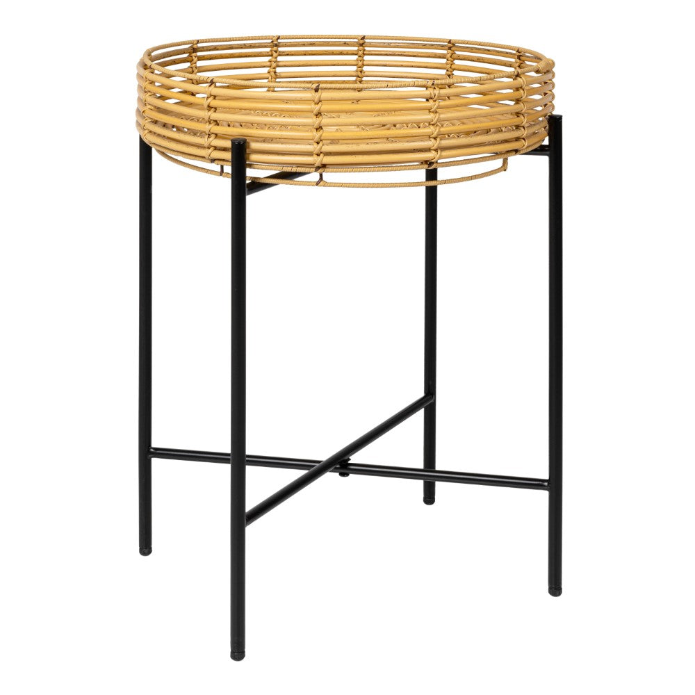 Zelo 20" Coastal Bohemian Faux Rattan Round Tray End Table with Metal Base