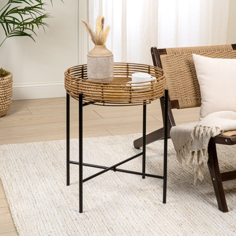 Zelo 20" Coastal Bohemian Faux Rattan Round Tray End Table with Metal Base