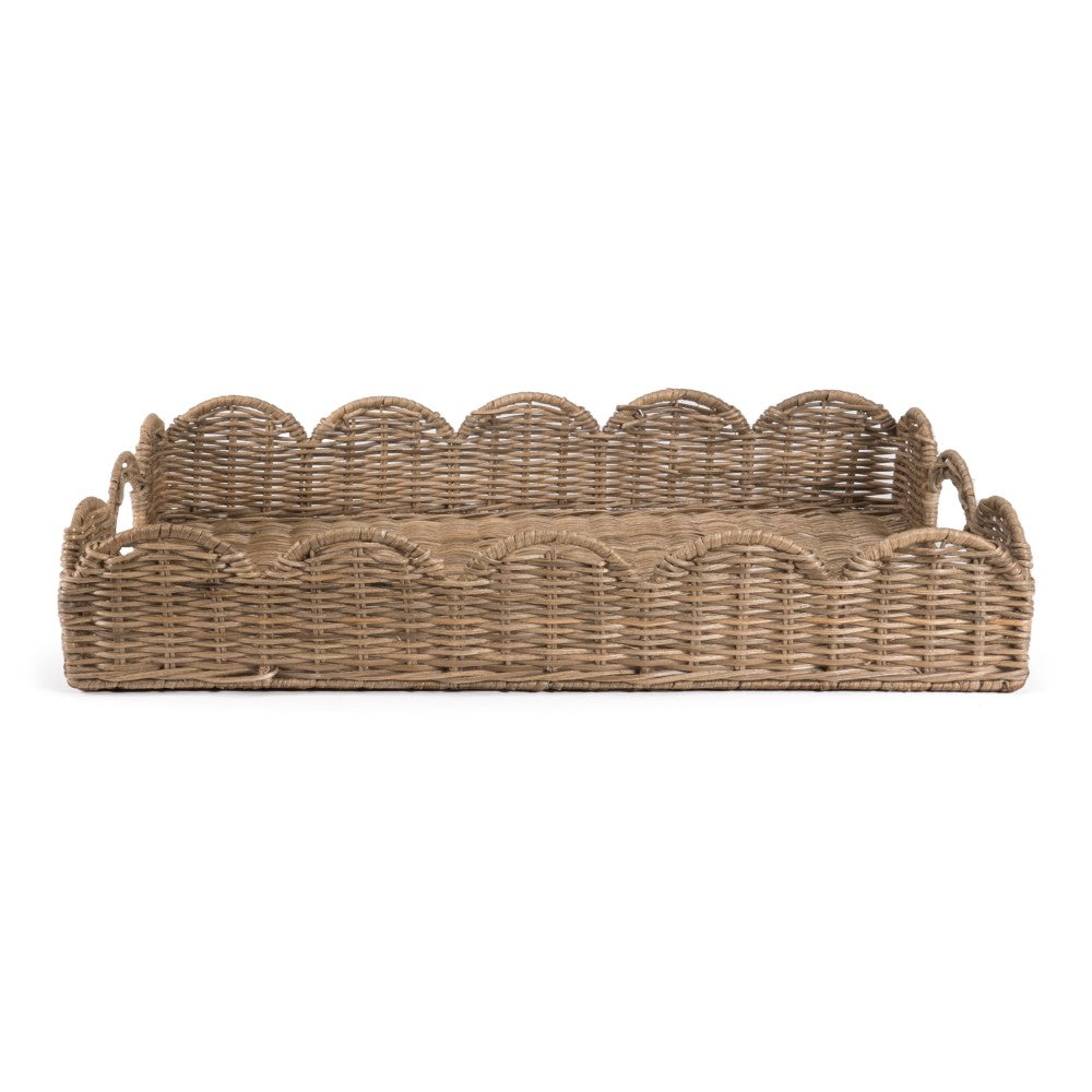 Scalloped 21.5" Southwestern Cottage Hand-Woven Rattan Tray with Handles
