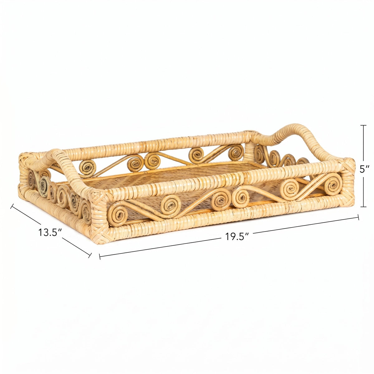 Moss 19.5 in. W x 13.5 in. D Handcrafted Rattan/Bamboo Webbing Rectangular Woven Scroll Decorative Serving Tray with Handles
