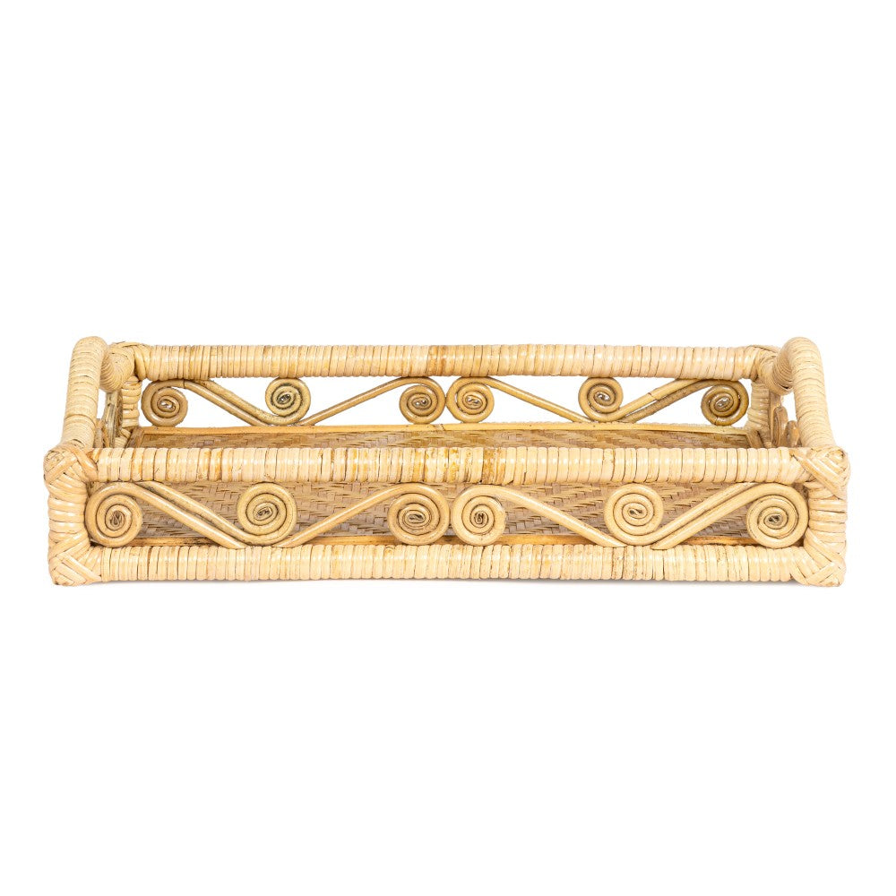 Moss 19.5 in. W x 13.5 in. D Handcrafted Rattan/Bamboo Webbing Rectangular Woven Scroll Decorative Serving Tray with Handles