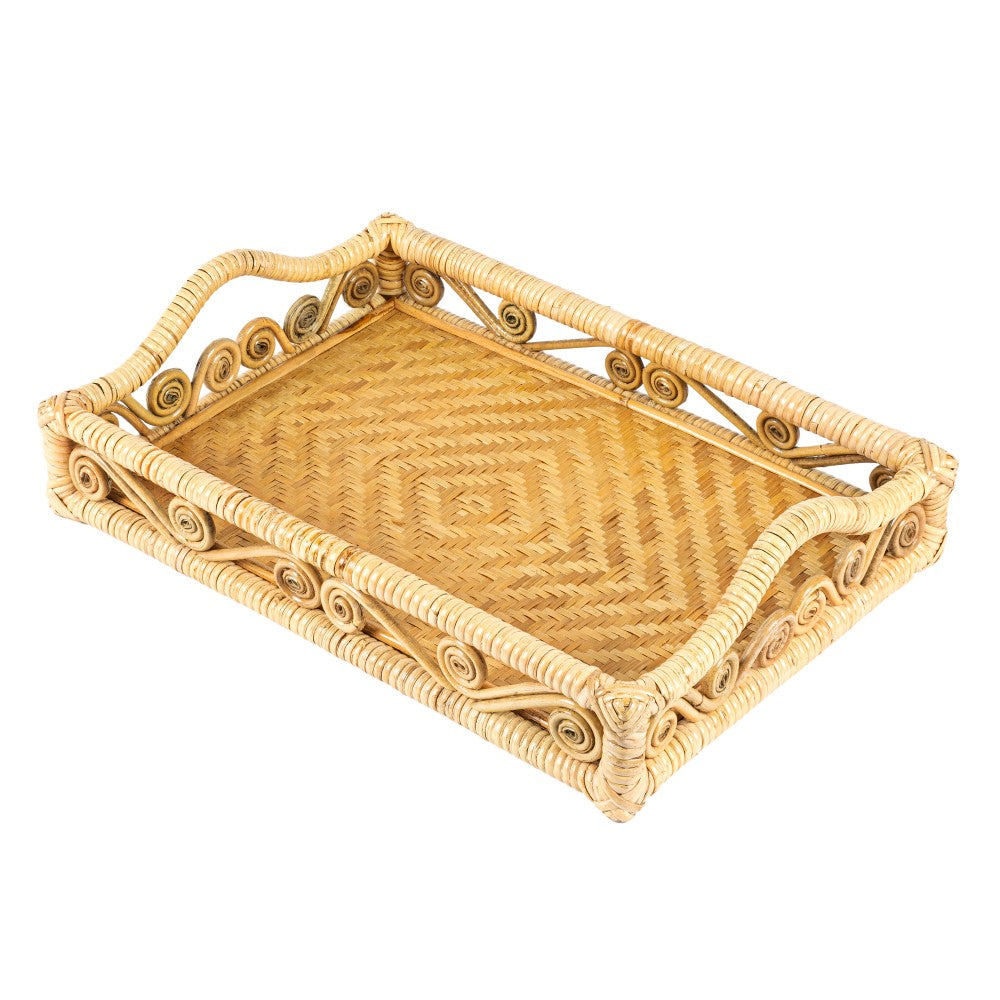 Moss 19.5 in. W x 13.5 in. D Handcrafted Rattan/Bamboo Webbing Rectangular Woven Scroll Decorative Serving Tray with Handles
