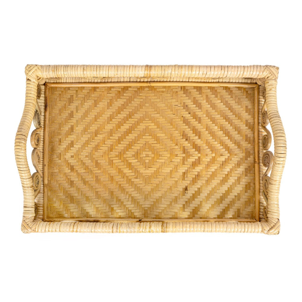 Moss 19.5 in. W x 13.5 in. D Handcrafted Rattan/Bamboo Webbing Rectangular Woven Scroll Decorative Serving Tray with Handles