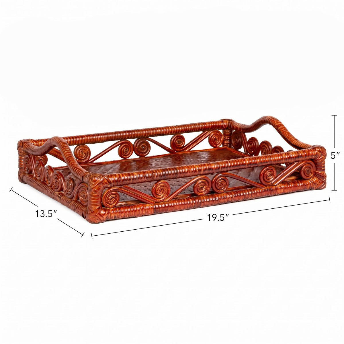 Moss 19.5 in. W x 13.5 in. D Handcrafted Rattan/Bamboo Webbing Rectangular Woven Scroll Decorative Serving Tray with Handles