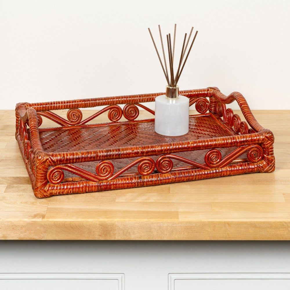 Moss 19.5 in. W x 13.5 in. D Handcrafted Rattan/Bamboo Webbing Rectangular Woven Scroll Decorative Serving Tray with Handles