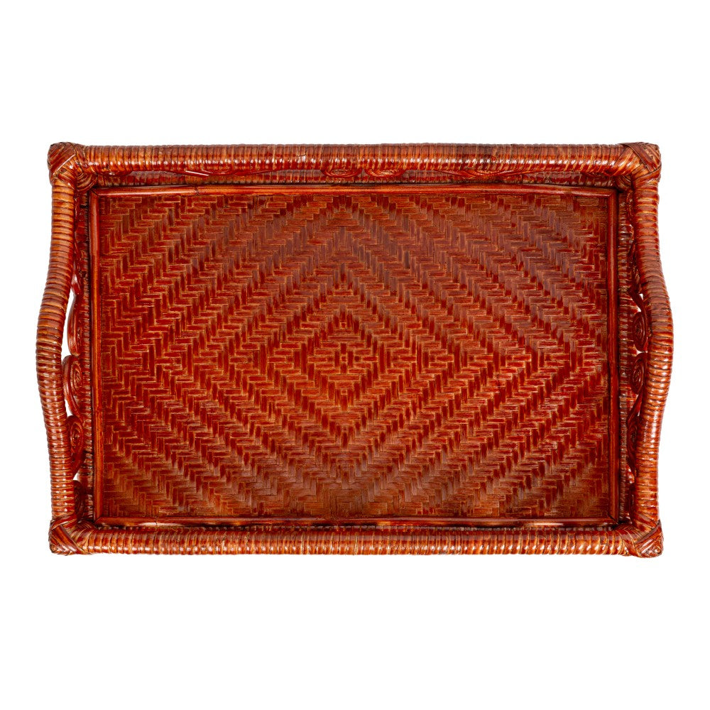 Moss 19.5 in. W x 13.5 in. D Handcrafted Rattan/Bamboo Webbing Rectangular Woven Scroll Decorative Serving Tray with Handles