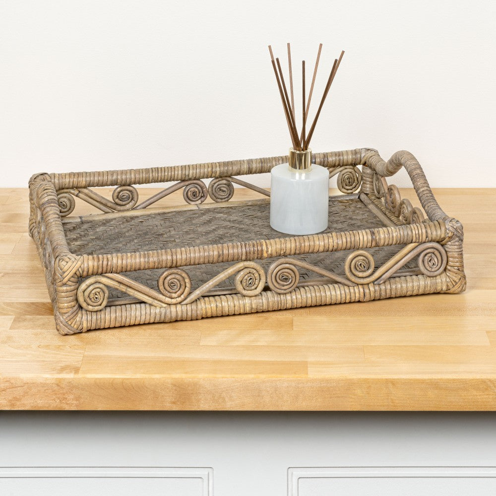 Moss 19.5 in. W x 13.5 in. D Handcrafted Rattan/Bamboo Webbing Rectangular Woven Scroll Decorative Serving Tray with Handles