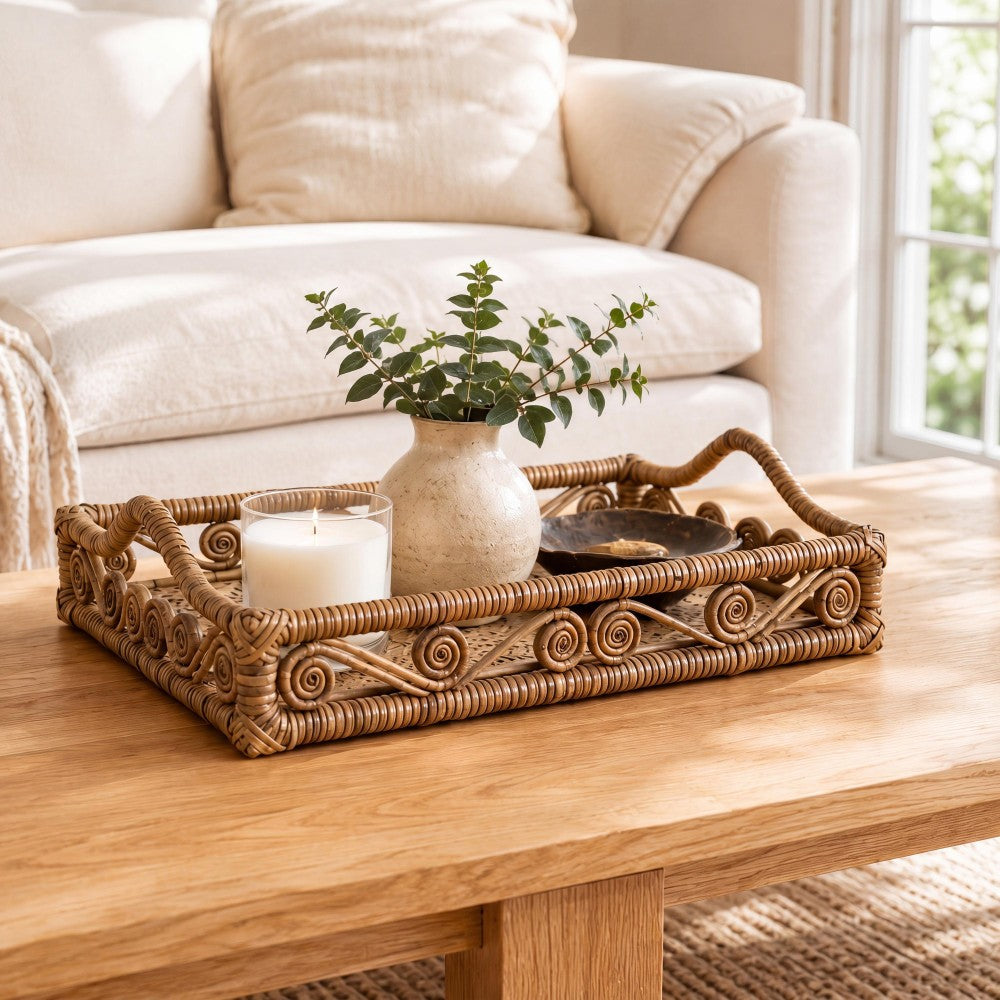 Moss 19.5 in. W x 13.5 in. D Handcrafted Rattan/Bamboo Webbing Rectangular Woven Scroll Decorative Serving Tray with Handles