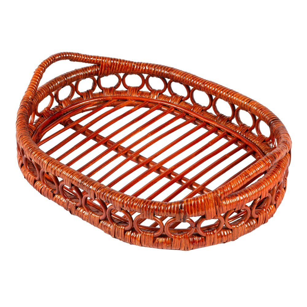Olive 17.5 in. W x 13.5 in. D Handcrafted Rattan Oval Geometric Loop Ring Decorative Serving Tray with Handles and Slat Base