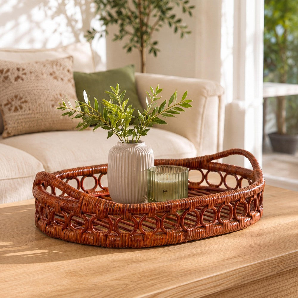 Olive 17.5 in. W x 13.5 in. D Handcrafted Rattan Oval Geometric Loop Ring Decorative Serving Tray with Handles and Slat Base