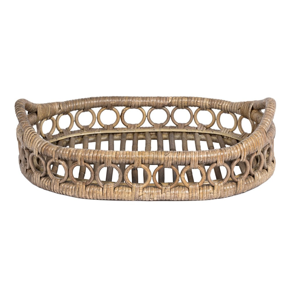 Olive 17.5 in. W x 13.5 in. D Handcrafted Rattan Oval Geometric Loop Ring Decorative Serving Tray with Handles and Slat Base