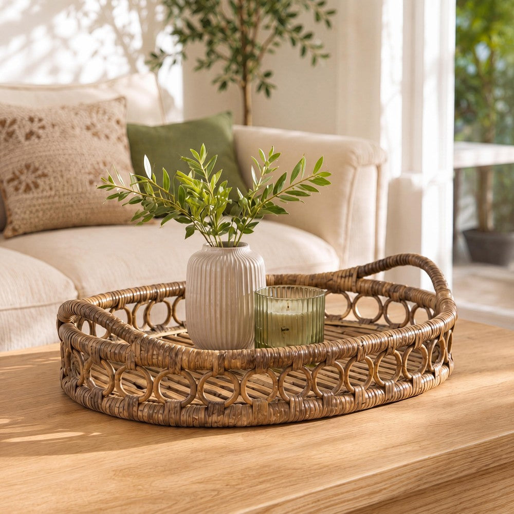 Olive 17.5 in. W x 13.5 in. D Handcrafted Rattan Oval Geometric Loop Ring Decorative Serving Tray with Handles and Slat Base