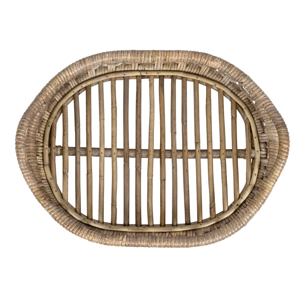 Olive 17.5 in. W x 13.5 in. D Handcrafted Rattan Oval Geometric Loop Ring Decorative Serving Tray with Handles and Slat Base