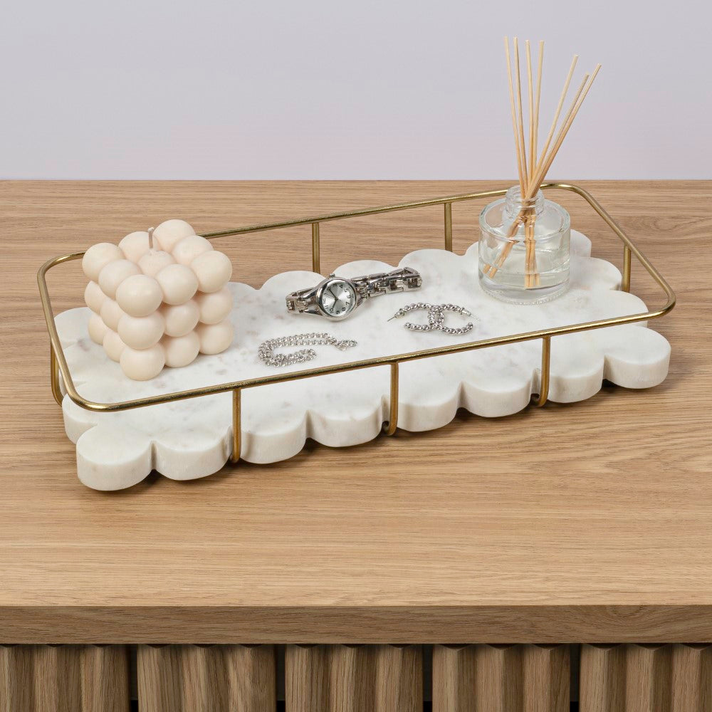 Barku 12" x 6" Modern Industrial Metal/Marble Scalloped Base Vanity Tray