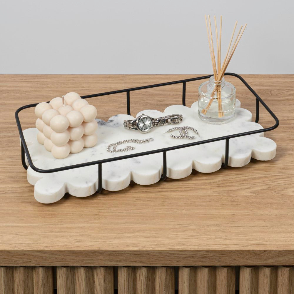 Barku 12" x 6" Modern Industrial Metal/Marble Scalloped Base Vanity Tray