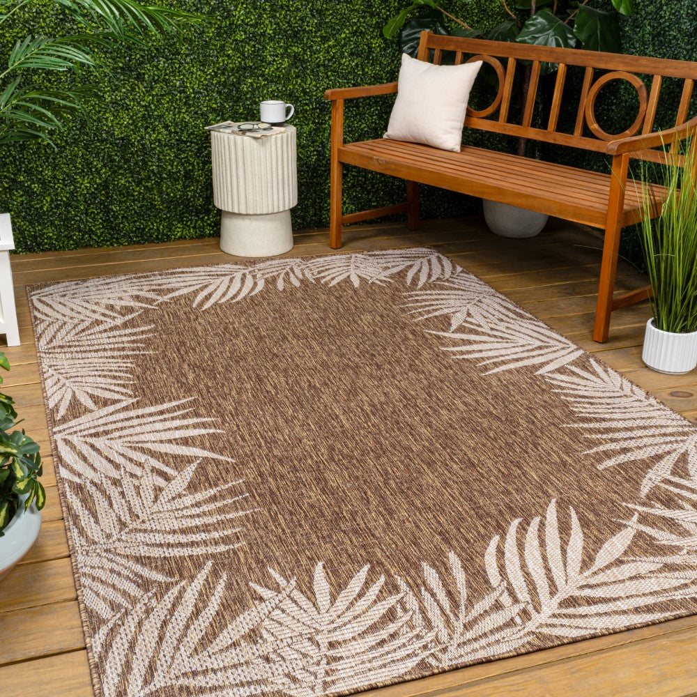 Palm Coastal Cottage Palm Frond Border Indoor/Outdoor Area Rug