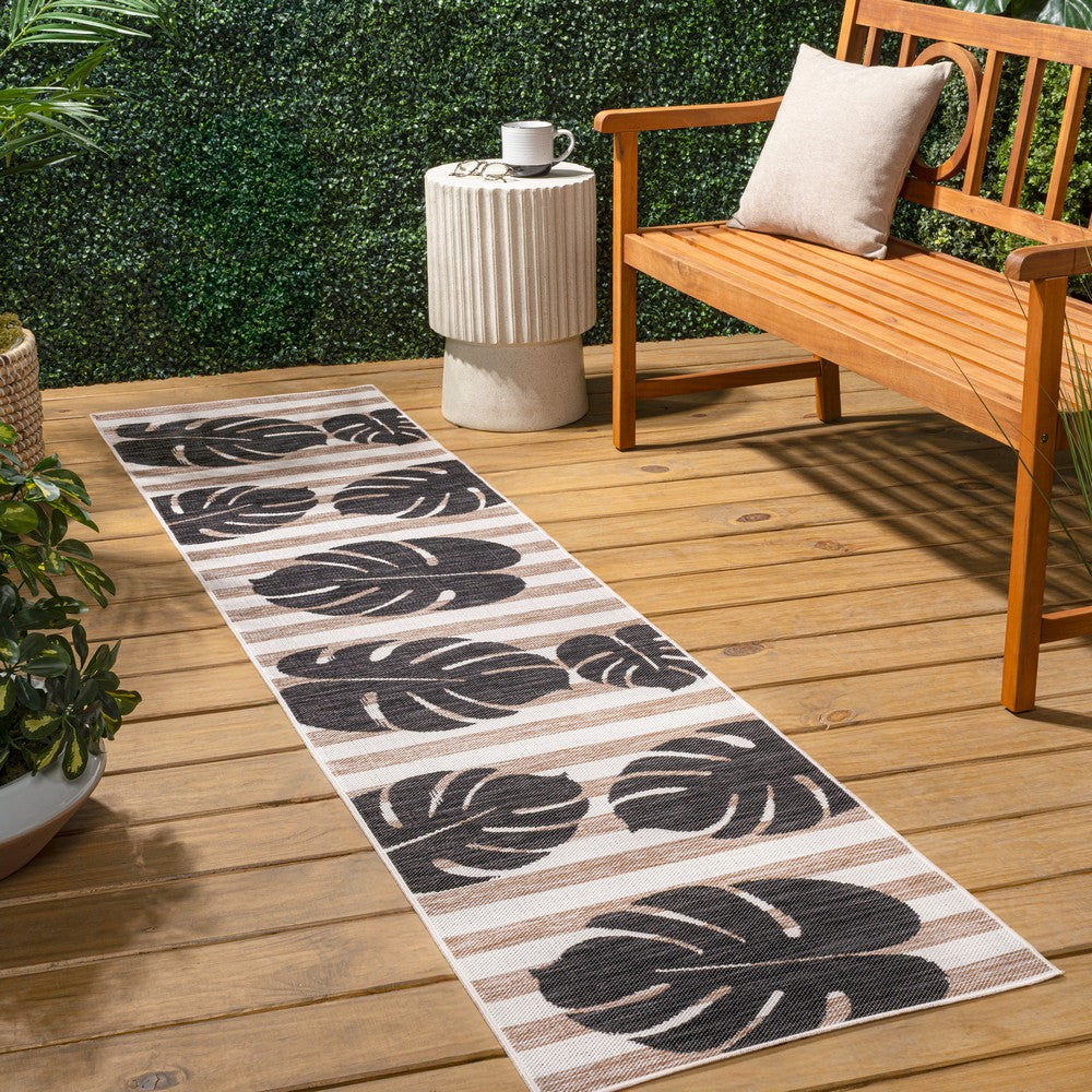Mica Classic Beach Stripe And Monstera Leaf Indoor/Outdoor Area Rug