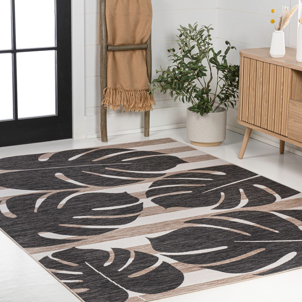 Mica Classic Beach Stripe And Monstera Leaf Indoor/Outdoor Area Rug