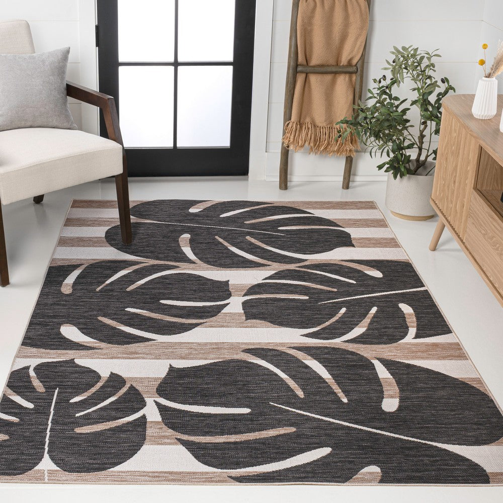 Mica Classic Beach Stripe And Monstera Leaf Indoor/Outdoor Area Rug