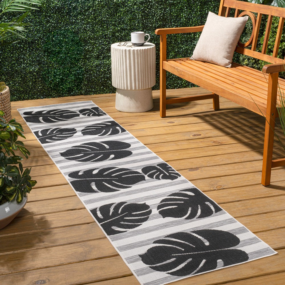 Mica Classic Beach Stripe And Monstera Leaf Indoor/Outdoor Area Rug