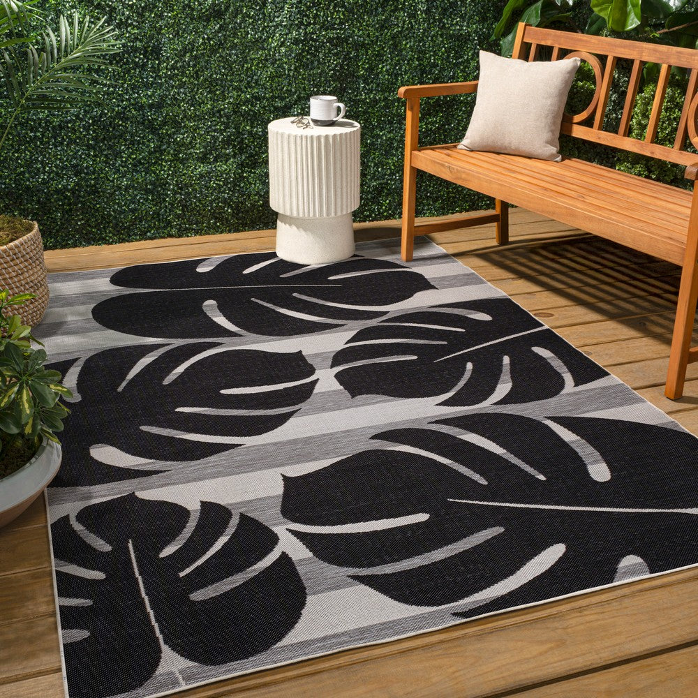 Mica Classic Beach Stripe And Monstera Leaf Indoor/Outdoor Area Rug