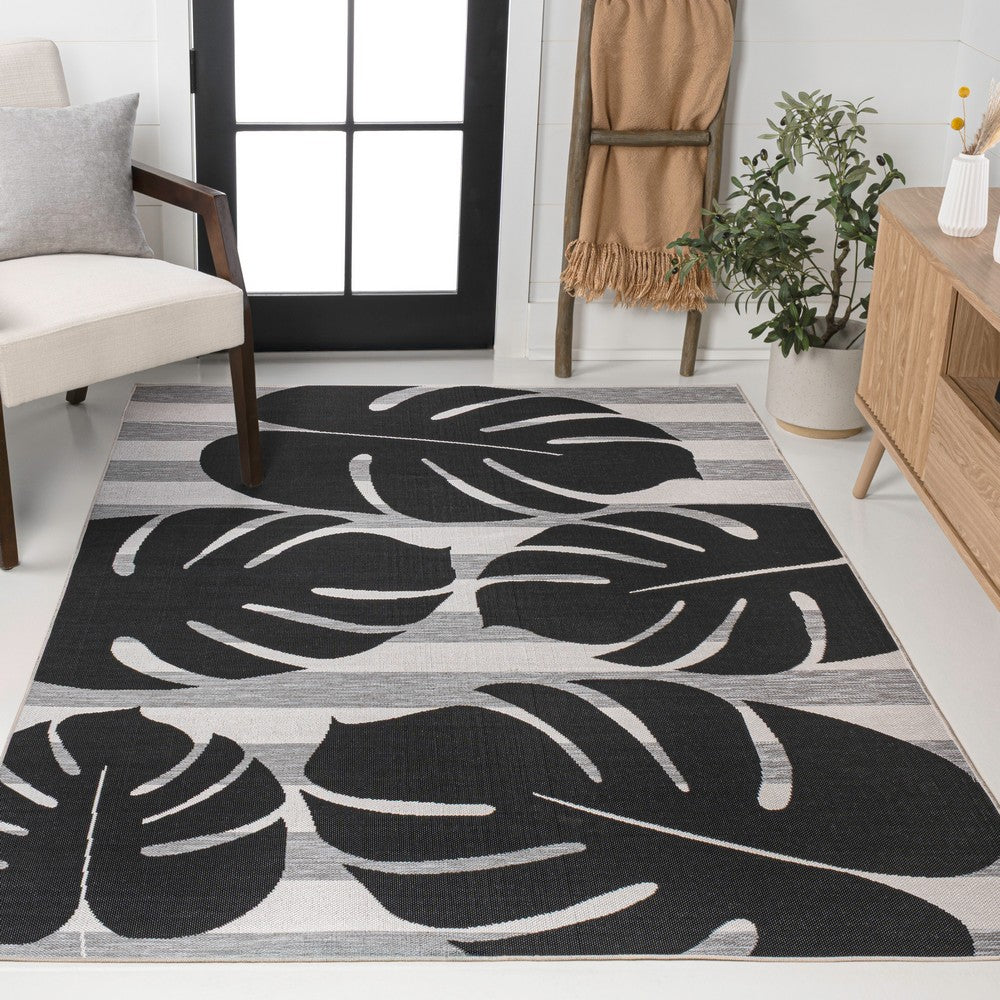 Mica Classic Beach Stripe And Monstera Leaf Indoor/Outdoor Area Rug