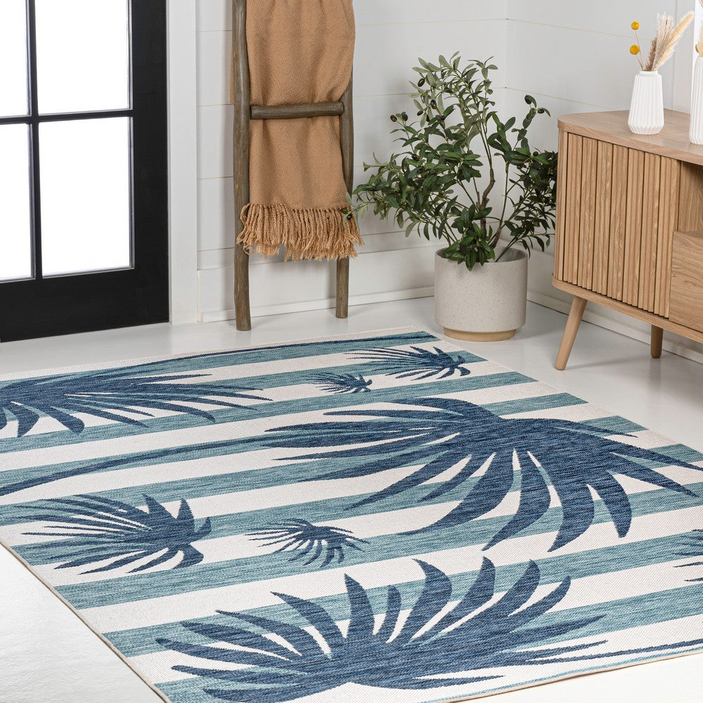 River Classic Beach Stripe And Palm Leaf Indoor/Outdoor Area Rug