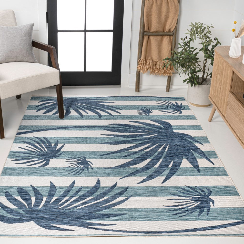 River Classic Beach Stripe And Palm Leaf Indoor/Outdoor Area Rug