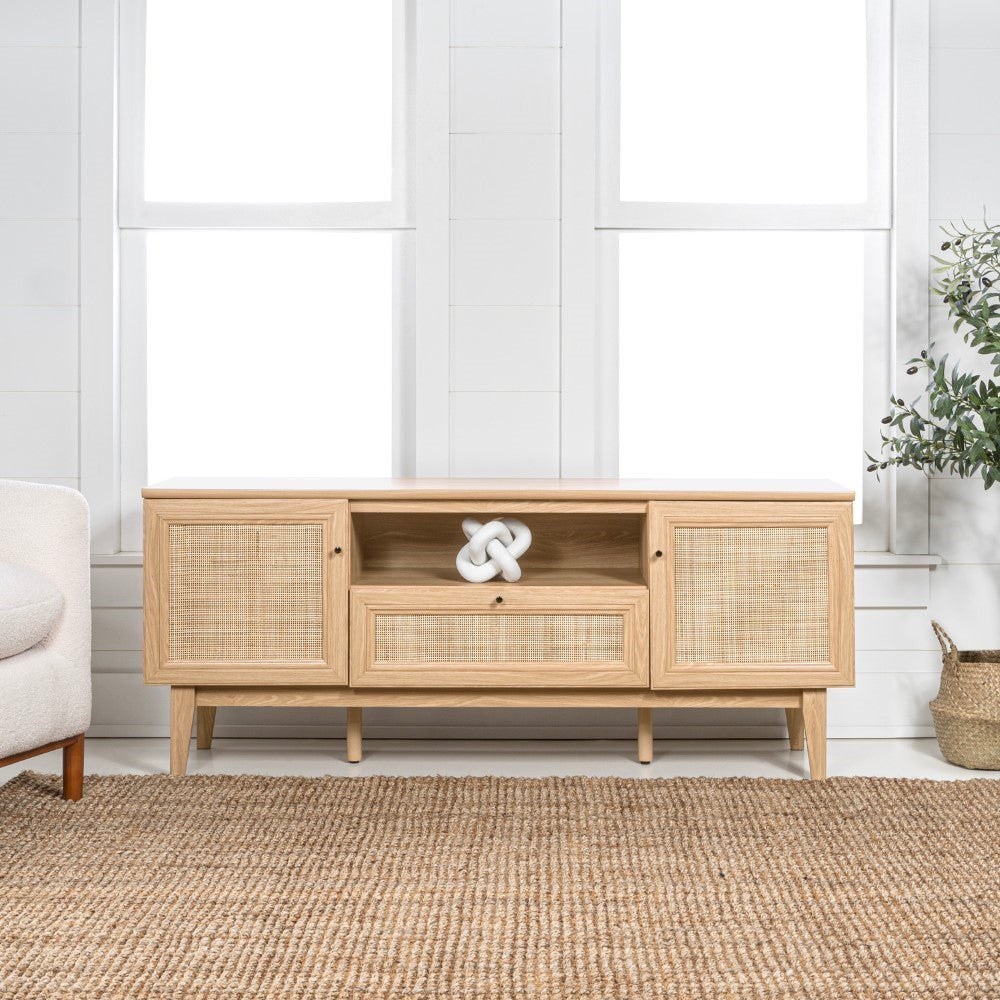 Bronte 59 in. Farmhouse Caned TV Stand with Drawer and Storage Doors Fits TVs up to 65 in. with Cable Management