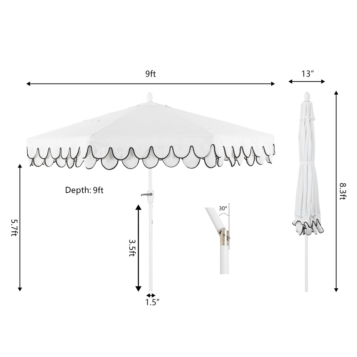 Hooli 9 ft. Classic MidCentury Scalloped Fringe Market Patio Umbrella