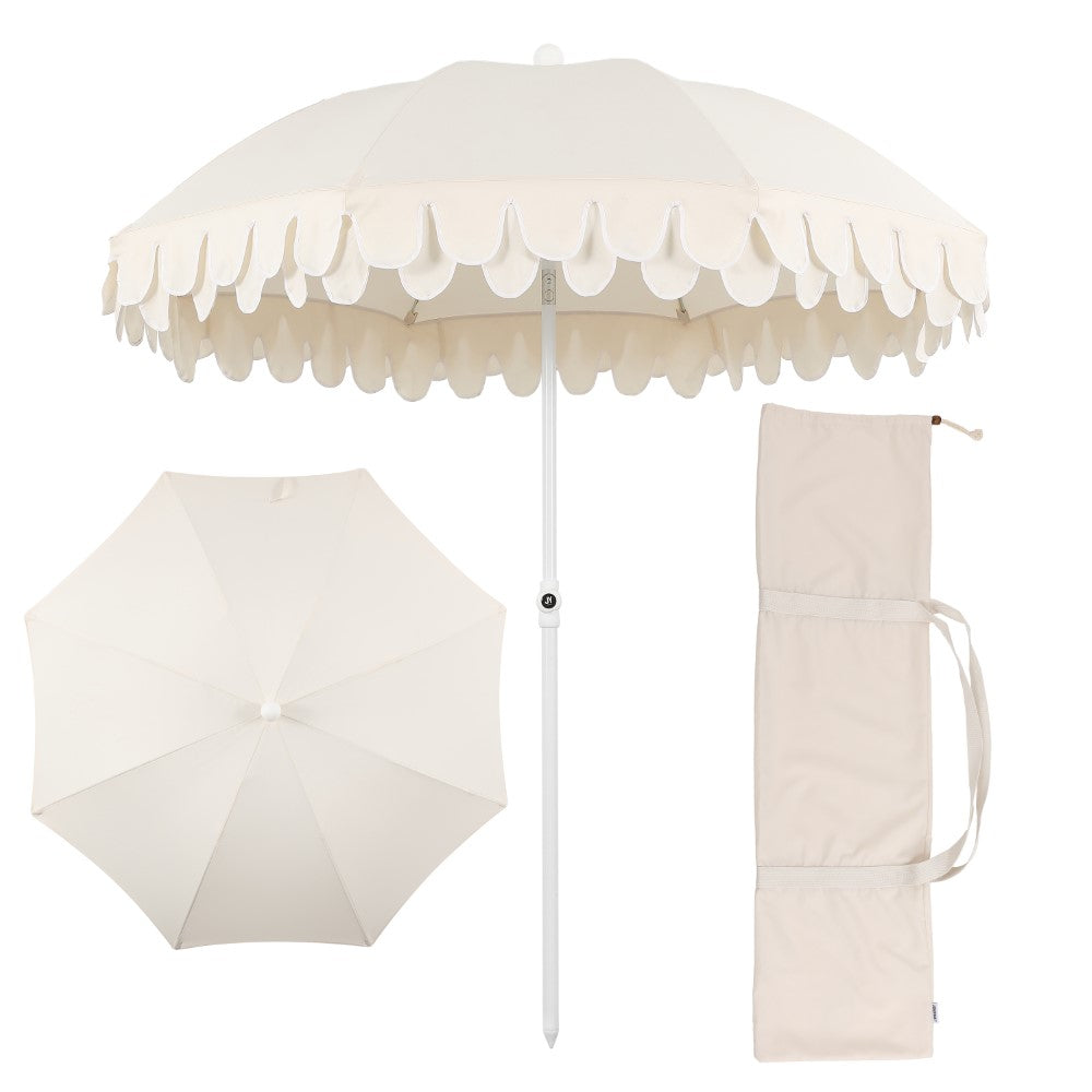 Terra 6.5 ft. Classic MidCentury Scalloped Fringe Market Beach Umbrella
