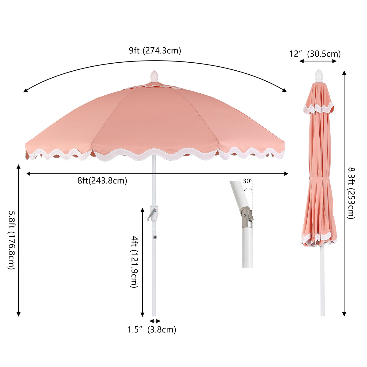 Aspen 8 ft. Classic Bohemian Scalloped Market Patio Umbrella with Auto-Tilt Crank Wind Vent and UV Protection