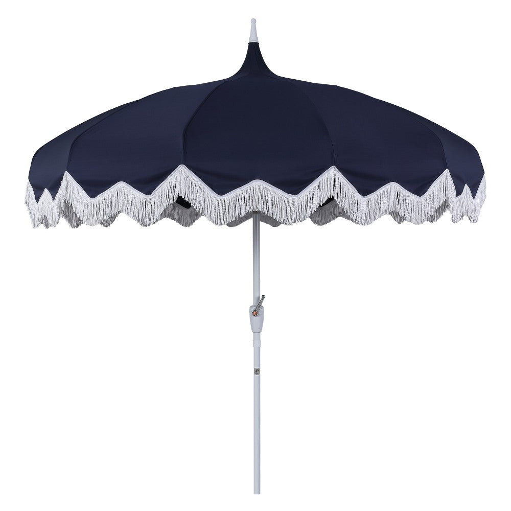 Recliner 8 ft. Classic Bohemian Fringe Pagoda Market Patio Umbrella with Auto-Tilt Crank Wind Vent and UV Protection