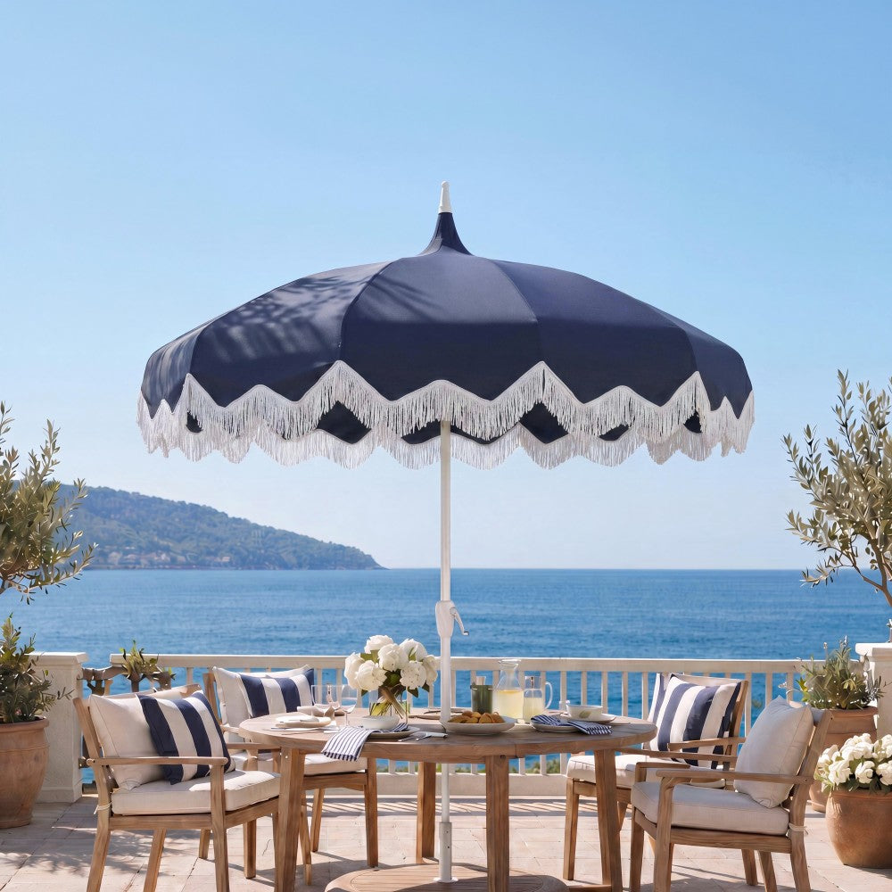Recliner 8 ft. Classic Bohemian Fringe Pagoda Market Patio Umbrella with Auto-Tilt Crank Wind Vent and UV Protection