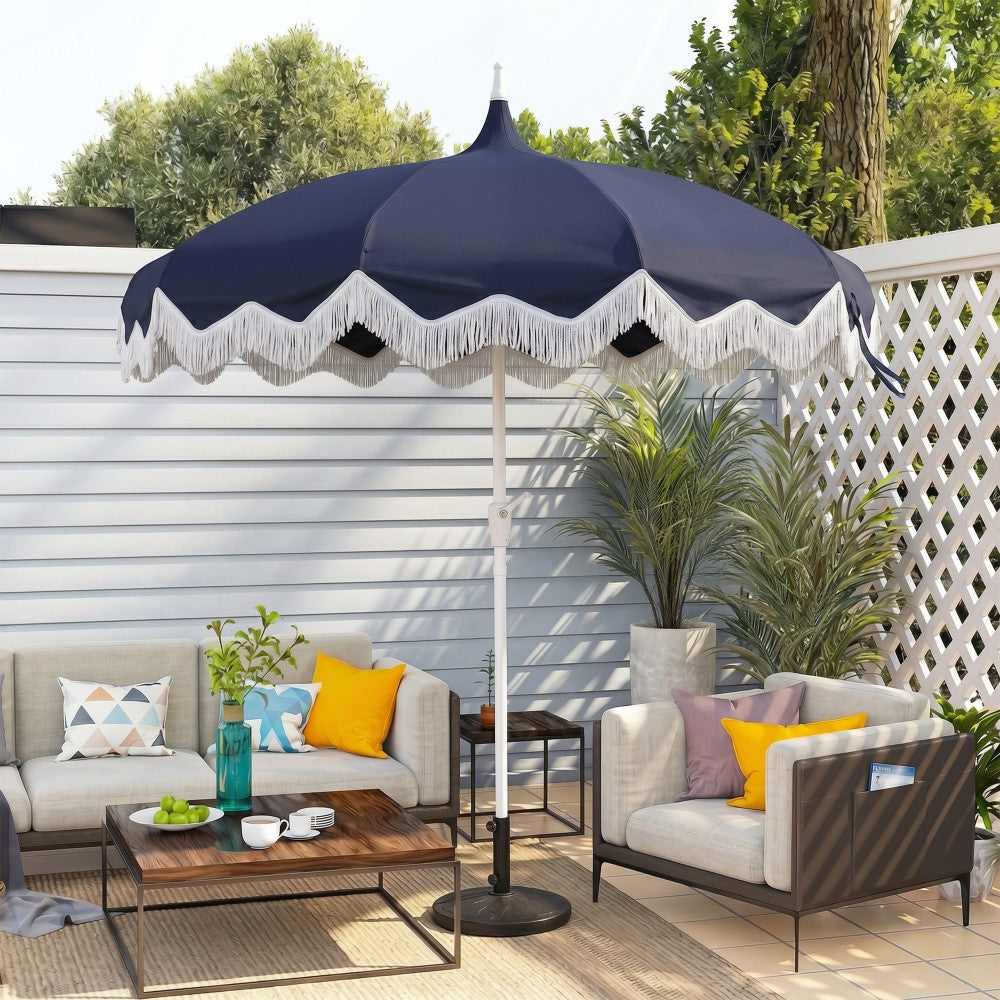 Recliner 8 ft. Classic Bohemian Fringe Pagoda Market Patio Umbrella with Auto-Tilt Crank Wind Vent and UV Protection
