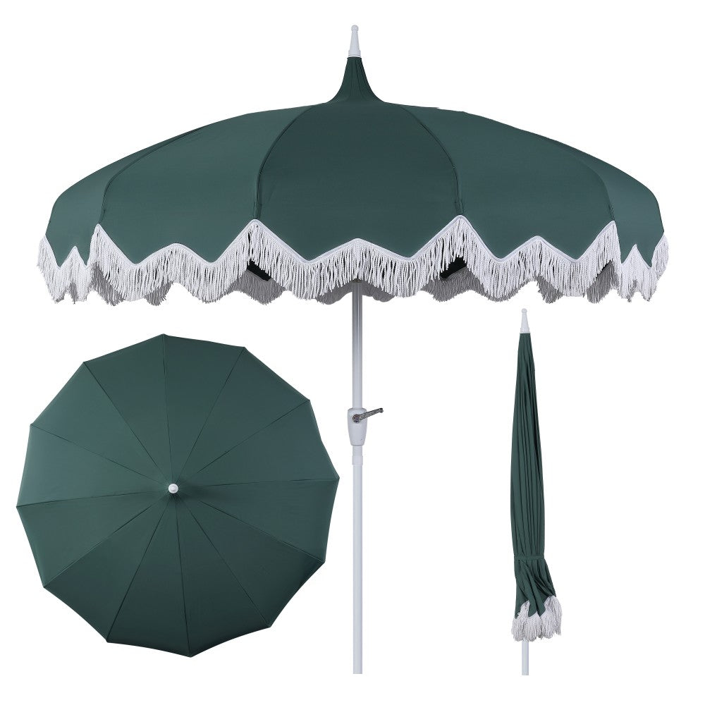 Recliner 8 ft. Classic Bohemian Fringe Pagoda Market Patio Umbrella with Auto-Tilt Crank Wind Vent and UV Protection