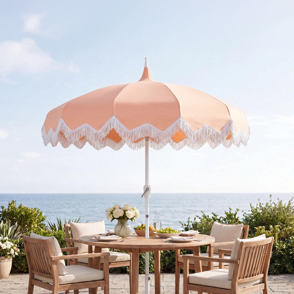 Recliner 8 ft. Classic Bohemian Fringe Pagoda Market Patio Umbrella with Auto-Tilt Crank Wind Vent and UV Protection