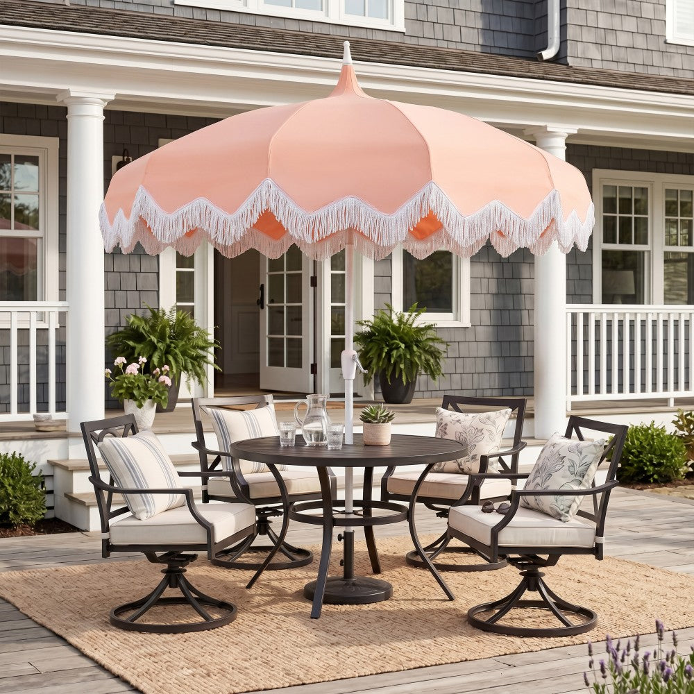 Recliner 8 ft. Classic Bohemian Fringe Pagoda Market Patio Umbrella with Auto-Tilt Crank Wind Vent and UV Protection