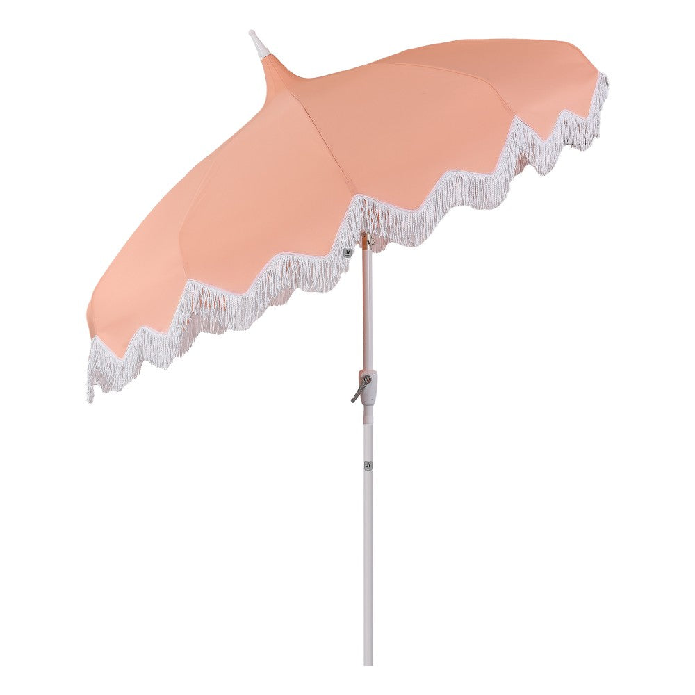 Recliner 8 ft. Classic Bohemian Fringe Pagoda Market Patio Umbrella with Auto-Tilt Crank Wind Vent and UV Protection