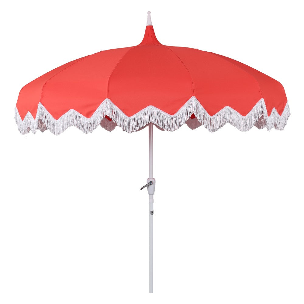 Recliner 8 ft. Classic Bohemian Fringe Pagoda Market Patio Umbrella with Auto-Tilt Crank Wind Vent and UV Protection
