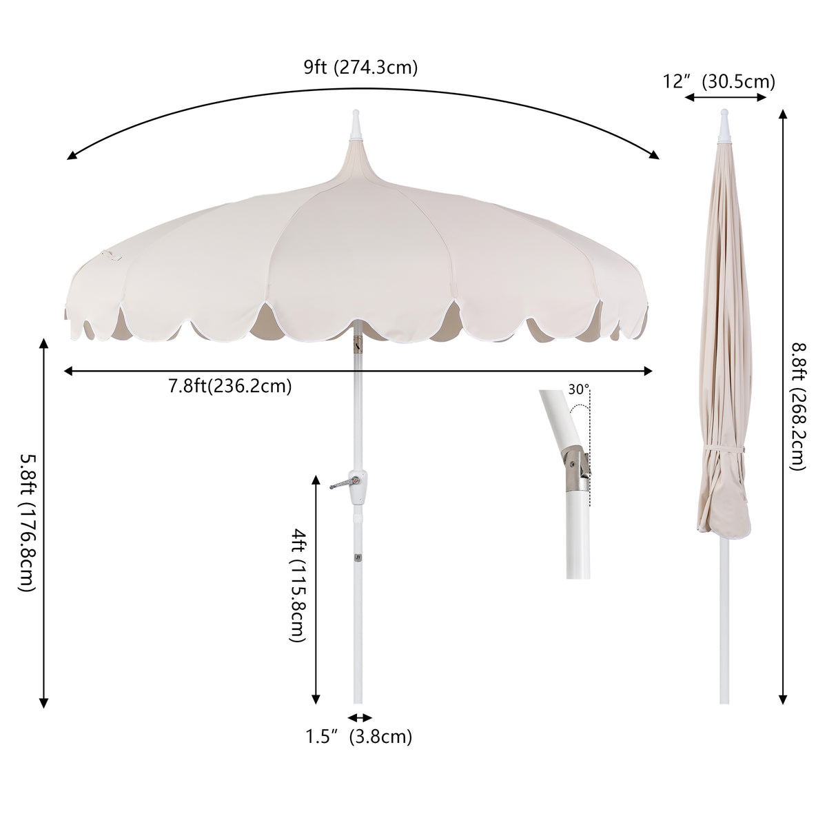 Maple 8 ft. Classic Coastal Scalloped Lotus Pagoda Market Patio Umbrella with Auto-Tilt Crank Wind Vent and UV Protection